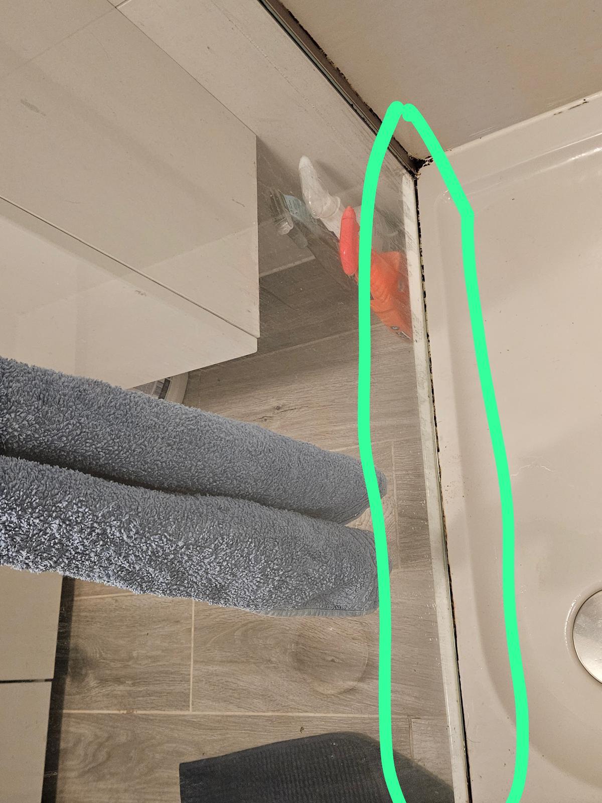 Alte, schimmelige Silikonfugen in der Dusche vor der Erneuerung in 1200 Wien – Sanitärservice Wien